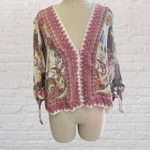 Free People Pink and Cream Patterned Kimona Cardigan Style Blouse